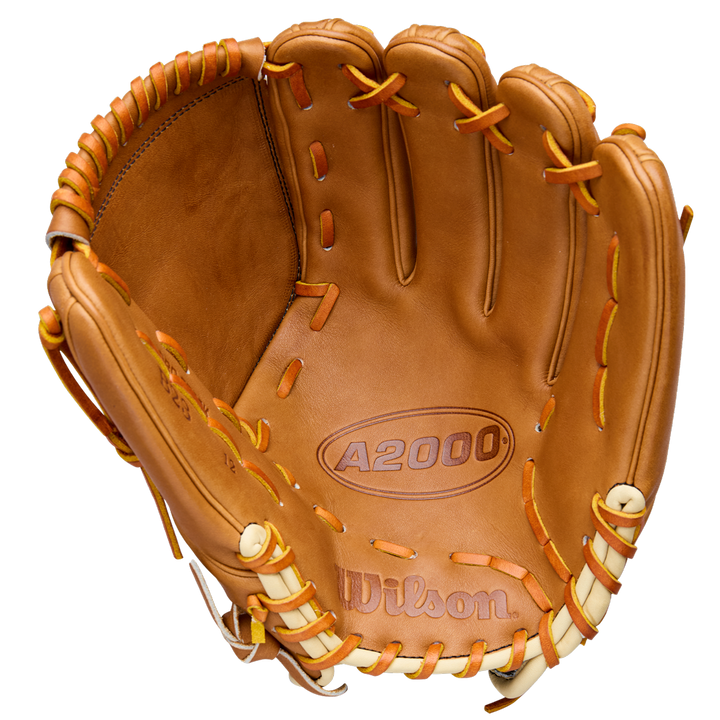 The Wilson A2000 B23 12" Baseball Glove (WBW10411712) features tan Pro Stock Leather with yellow lacing, shown open to reveal the palm, finger stalls, and embossed Wilson and A2000 logos.