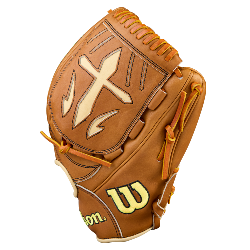 The Wilson A2000 B23 12" Baseball Glove (WBW10411712) features brown Pro Stock Leather, yellow stitching, and a unique cross-shaped back design.