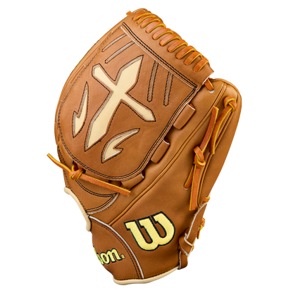 The Wilson A2000 B23 12" Baseball Glove (WBW10411712) features brown Pro Stock Leather, yellow stitching, and a unique cross-shaped back design.