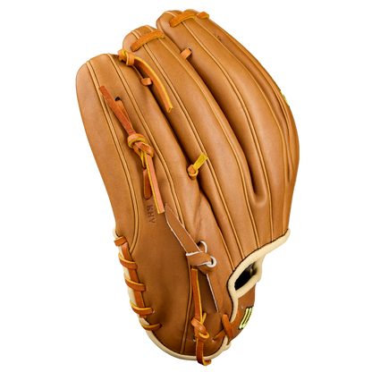 The Wilson A2000 B23 12" Baseball Glove (WBW10411712) by Wilson features visible stitching and laces on its tan Pro Stock Leather, with the back and finger slots shown against a plain white background.