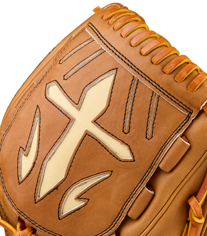 Close-up of a Wilson A2000 B23 12" Baseball Glove (WBW10411712), crafted from Pro Stock Leather in brown with cream and black stitched designs, a prominent cross, and unique decorative accents on the glove’s surface.