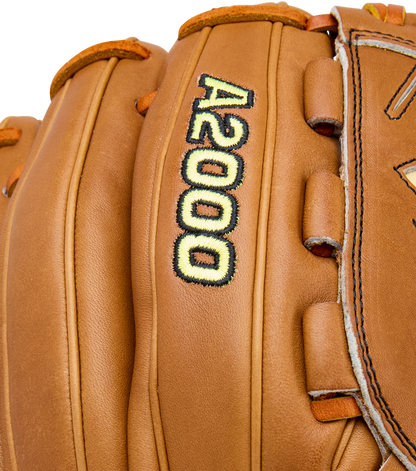 Close-up of the Wilson A2000 B23 12" Baseball Glove (WBW10411712), crafted from Pro Stock Leather, with black and yellow embroidery and A2000 text.
