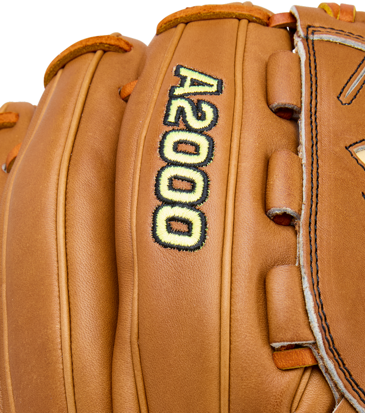 Close-up of the Wilson A2000 B23 12" Baseball Glove (WBW10411712), crafted from Pro Stock Leather, with black and yellow embroidery and A2000 text.