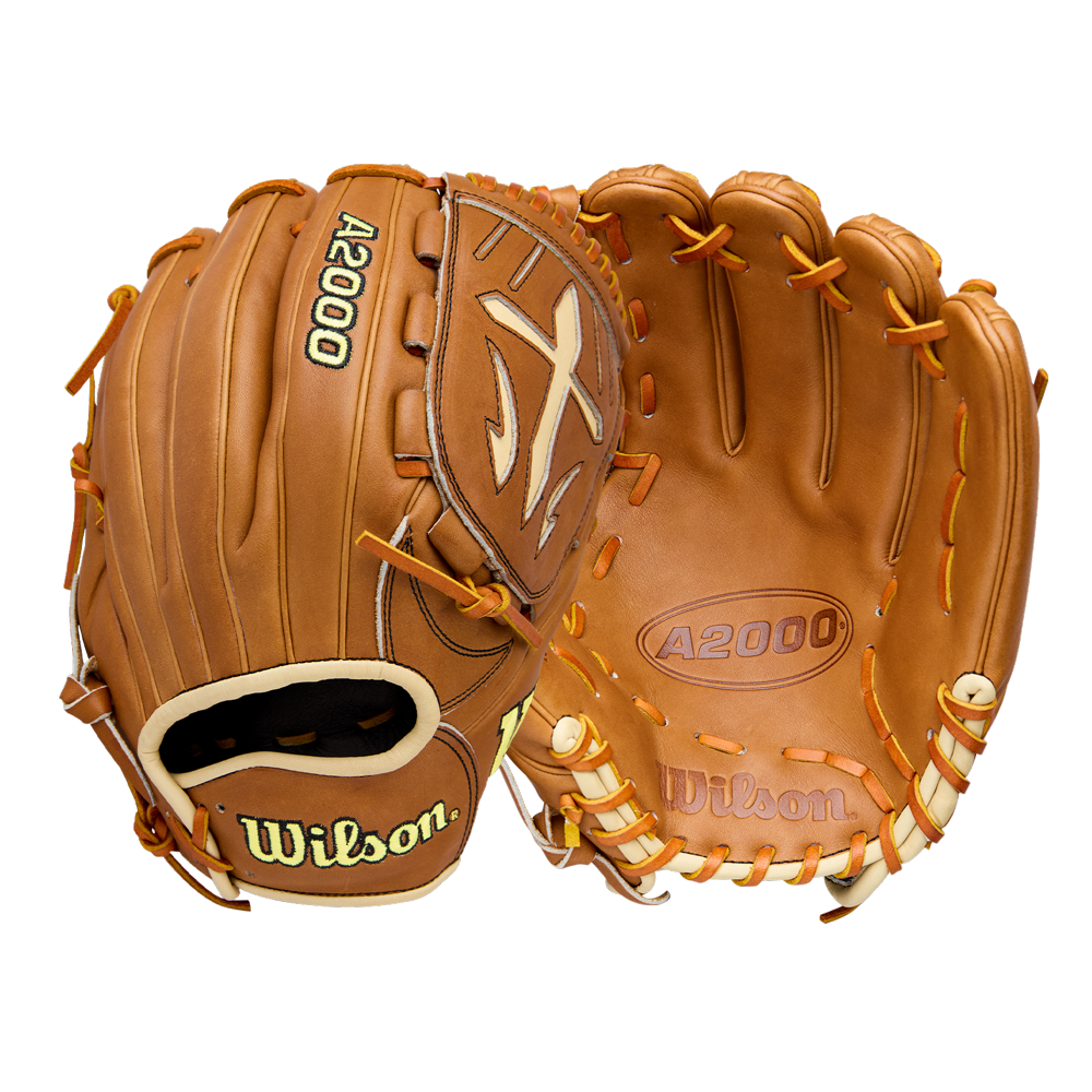 Two brown Wilson A2000 B23 12" Baseball Gloves by Wilson are displayed; one shows the exterior with branding and lacing, while the other reveals interior A2000 and Wilson markings.