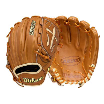 Two brown Wilson A2000 B23 12" Baseball Gloves by Wilson are displayed; one shows the exterior with branding and lacing, while the other reveals interior A2000 and Wilson markings.