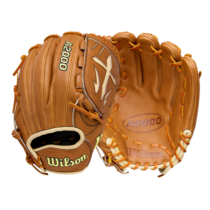 Two brown Wilson A2000 B23 12" Baseball Gloves by Wilson are displayed; one shows the exterior with branding and lacing, while the other reveals interior A2000 and Wilson markings.