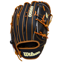 The Wilson A2000 B125SS 12.5" Baseball Glove (WBW104119125) by Wilson is black with brown laces and yellow stitching, displayed upright with the palm facing outward on a white background.