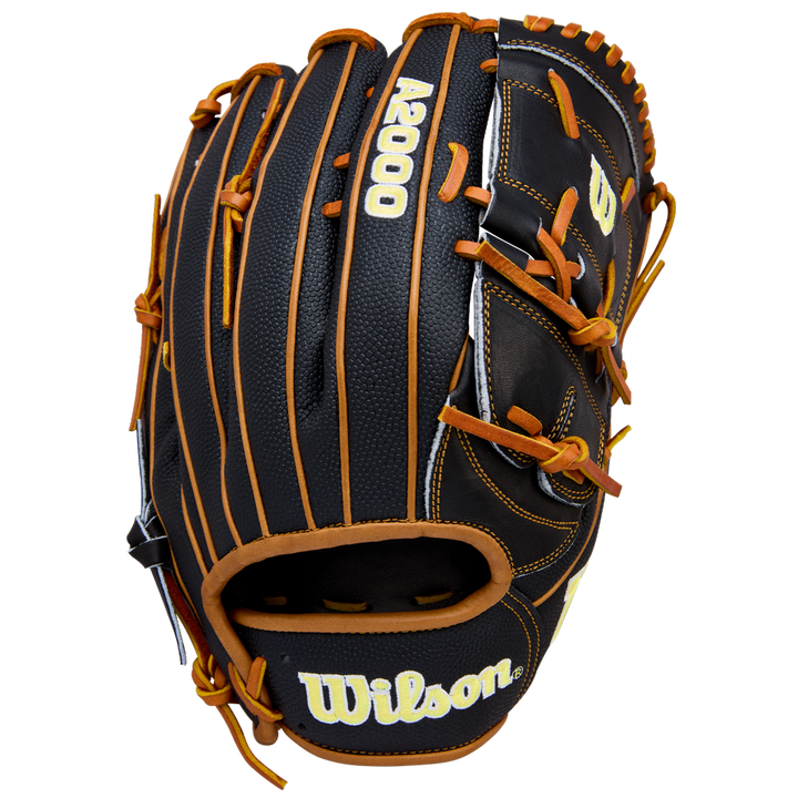 The Wilson A2000 B125SS 12.5" Baseball Glove (WBW104119125) by Wilson is black with brown laces and yellow stitching, displayed upright with the palm facing outward on a white background.