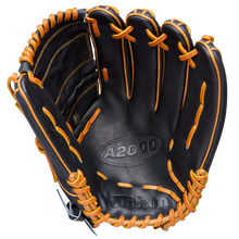 The Wilson A2000 B125SS 12.5" Baseball Glove (WBW104119125) by Wilson features black leather, tan laces, and an open palm and webbing—ideal for pitchers seeking quality and exceptional performance.