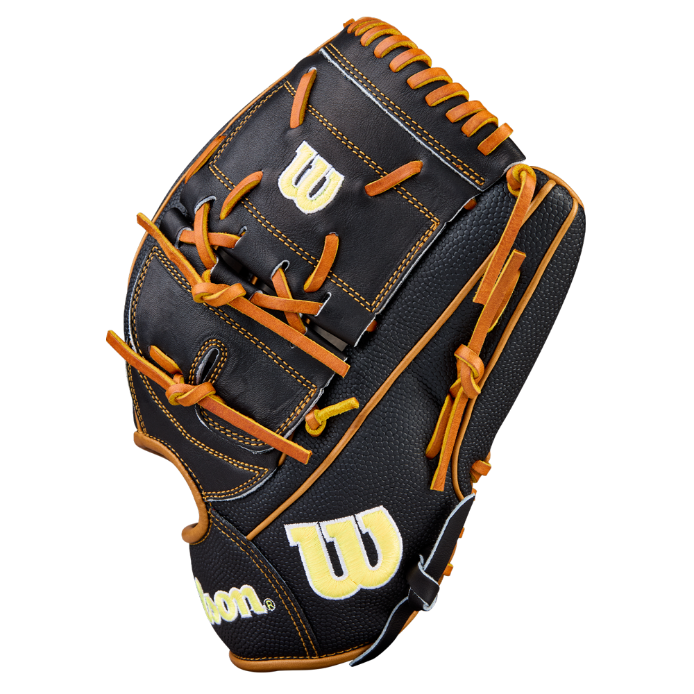 The Wilson A2000 B125SS 12.5" Baseball Glove (WBW104119125) features black and brown leather, tan laces, and yellow “W” logos, offering pitchers premium quality and style. Shown against a plain white background.