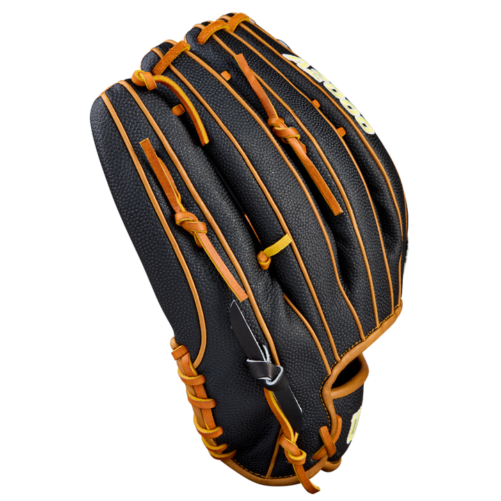 The Wilson A2000 B125SS 12.5" Baseball Glove (WBW104119125) features a black design with brown leather laces and trim. Displayed partially closed on a plain white background, its palm side faces away.