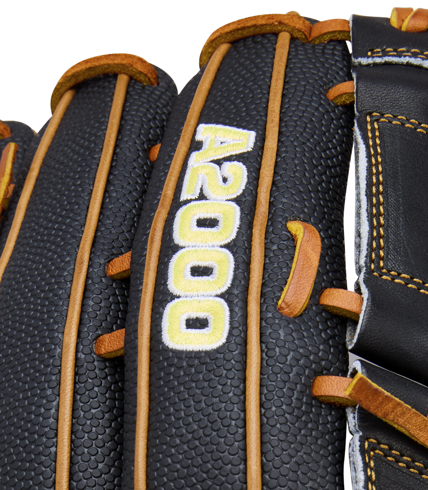 Close-up of the Wilson A2000 B125SS 12.5" baseball glove, featuring black leather with tan laces and stitching. "A2000" is embroidered in white and yellow on a finger, showcasing Wilson’s quality craftsmanship.