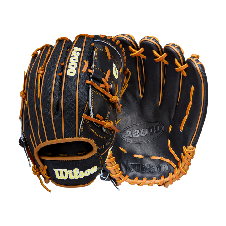 The Wilson A2000 B125SS 12.5" Baseball Glove (WBW104119125) by Wilson is shown front and back, showcasing its black SuperSkin material, orange laces, detailed stitching, and signature branding.