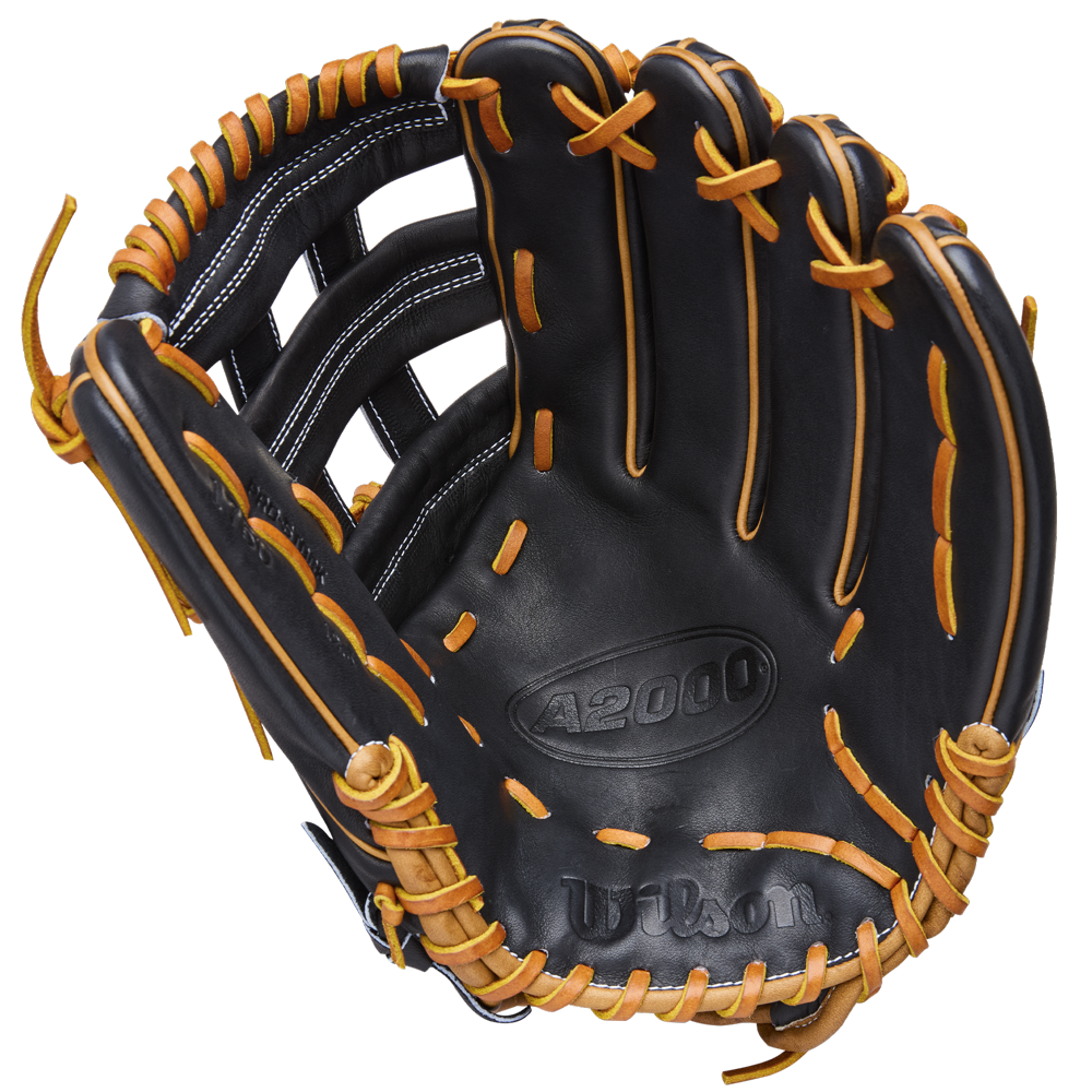 A black Wilson A2000 1750 12.5" Baseball Glove (WBW104121125) with tan lacing, featuring stitched branding and crafted from Pro Stock leather, is open to display its pocket against a plain white background.