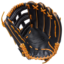 A black Wilson A2000 1750 12.5" Baseball Glove (WBW104121125) with tan lacing, featuring stitched branding and crafted from Pro Stock leather, is open to display its pocket against a plain white background.