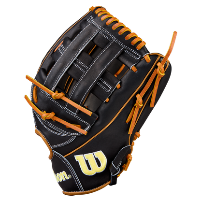 The Wilson A2000 1750 12.5" baseball glove (WBW104121125) features black and brown Pro Stock leather with tan laces, white stitching, and a yellow embroidered Wilson logo near the wrist, shown on a white background.
