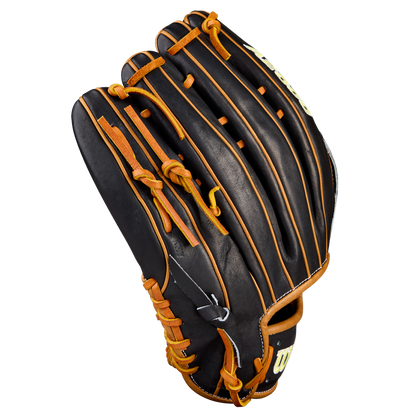 The Wilson A2000 1750 12.5" Baseball Glove (WBW104121125) is shown open against a white background, highlighting its black and brown Pro Stock leather, tan laces, and outfield webbing.