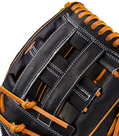 A close-up of the Wilson A2000 1750 12.5" Baseball Glove (WBW104121125) shows black Pro Stock leather, white stitching, tan laces, and woven webbing, reflecting Wilson’s detailed craftsmanship.