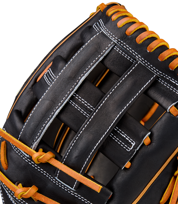 A close-up of the Wilson A2000 1750 12.5" Baseball Glove (WBW104121125) shows black Pro Stock leather, white stitching, tan laces, and woven webbing, reflecting Wilson’s detailed craftsmanship.