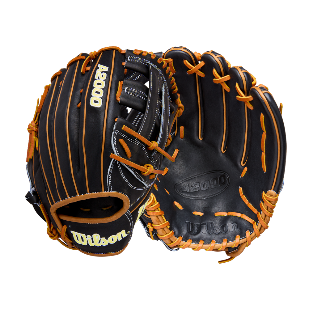 Two black Wilson A2000 1750 12.5" baseball gloves (WBW104121125) by Wilson with orange laces, shown from different angles—one displays the palm, the other the backhand with the logo—both crafted from durable Pro Stock leather.