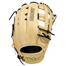 The Wilson A2000 1777 12.75" Baseball Glove (WBW1041231275) is tan with black laces, open webbing, and black and yellow Wilson and A2000 embroidery. It stands upright against a white background.