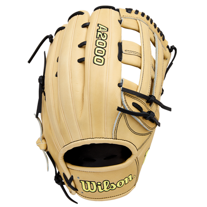 The Wilson A2000 1777 12.75" Baseball Glove (WBW1041231275) is tan with black laces, open webbing, and black and yellow Wilson and A2000 embroidery. It stands upright against a white background.