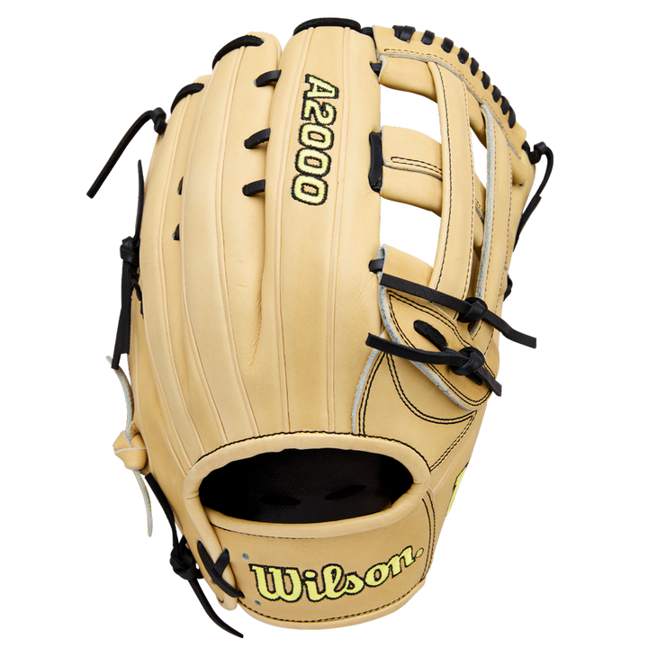 The Wilson A2000 1777 12.75" Baseball Glove (WBW1041231275) is tan with black laces, open webbing, and black and yellow Wilson and A2000 embroidery. It stands upright against a white background.