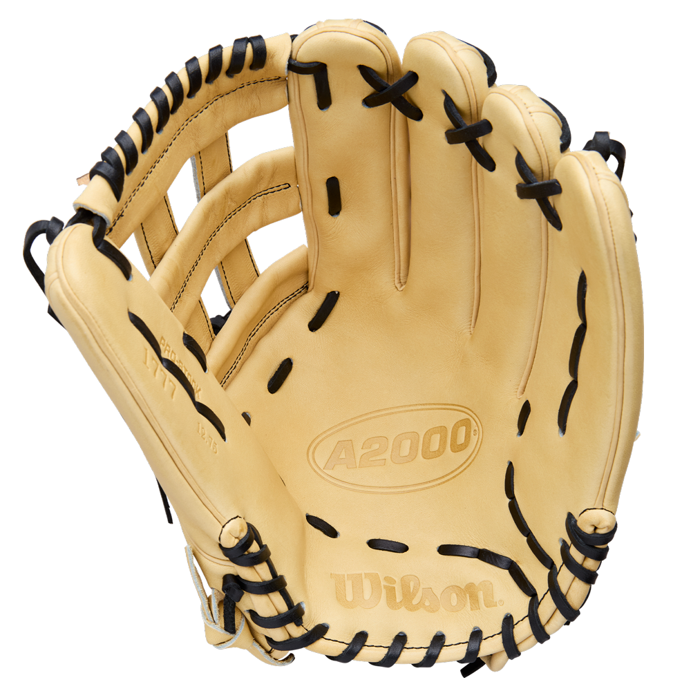A Wilson A2000 1777 12.75" Baseball Glove (WBW1041231275) in tan Pro Stock Leather with black laces is displayed open, highlighting the palm and webbing against a plain white background.