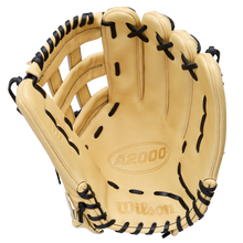A Wilson A2000 1777 12.75" Baseball Glove (WBW1041231275) in tan Pro Stock Leather with black laces is displayed open, highlighting the palm and webbing against a plain white background.