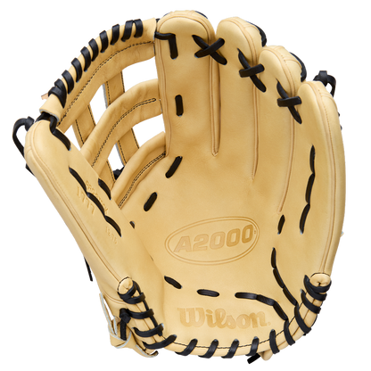 A Wilson A2000 1777 12.75" Baseball Glove (WBW1041231275) in tan Pro Stock Leather with black laces is displayed open, highlighting the palm and webbing against a plain white background.