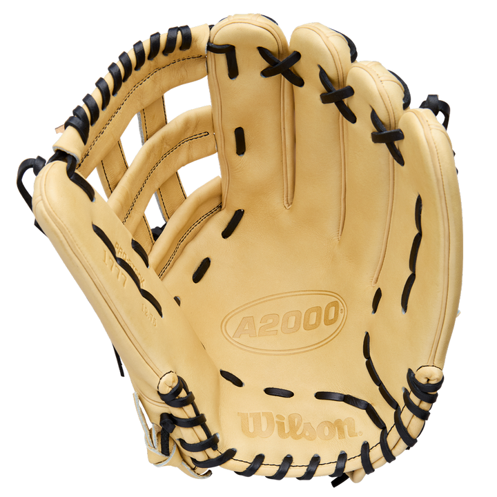 A Wilson A2000 1777 12.75" Baseball Glove (WBW1041231275) in tan Pro Stock Leather with black laces is displayed open, highlighting the palm and webbing against a plain white background.