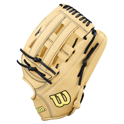 The Wilson A2000 1777 12.75" Baseball Glove (WBW1041231275) by Wilson features a tan Pro Stock Leather build, black laces, and a yellow-and-black W logo on the thumb, shown against a plain white background.