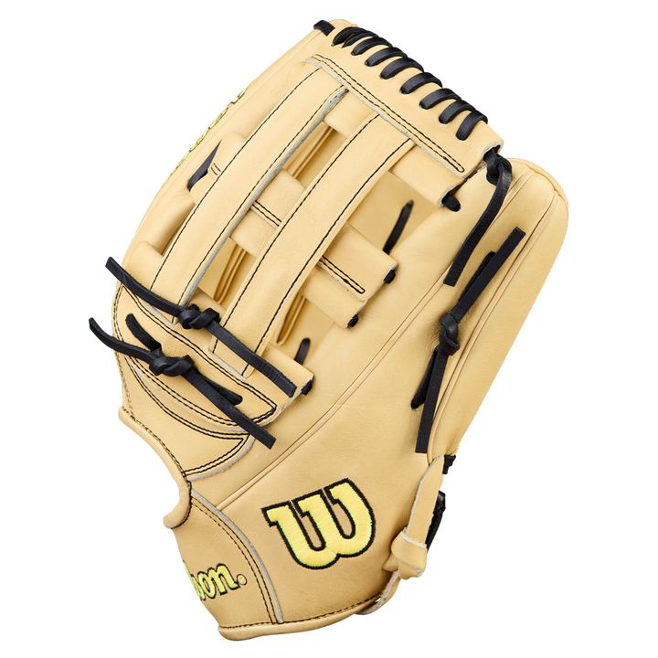 The Wilson A2000 1777 12.75" Baseball Glove (WBW1041231275) by Wilson features a tan Pro Stock Leather build, black laces, and a yellow-and-black W logo on the thumb, shown against a plain white background.