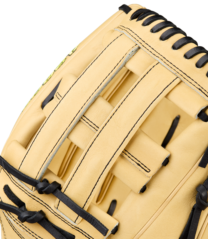 Close-up of the Wilson A2000 1777 12.75" Baseball Glove: WBW1041231275, showcasing its tan Pro Stock leather, black lacing, and premium webbing and stitching details.