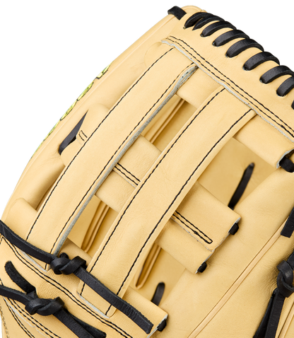 Close-up of the Wilson A2000 1777 12.75" Baseball Glove: WBW1041231275, showcasing its tan Pro Stock leather, black lacing, and premium webbing and stitching details.