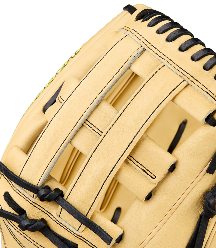 Close-up of the Wilson A2000 1777 12.75" Baseball Glove: WBW1041231275, showcasing its tan Pro Stock leather, black lacing, and premium webbing and stitching details.