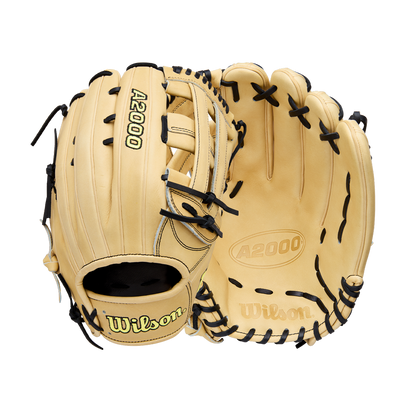 Two tan Wilson A2000 1777 12.75" baseball gloves (WBW1041231275) with black laces are displayed, one showing the palm and the other the back, both made of Pro Stock Leather and featuring the Wilson logo.