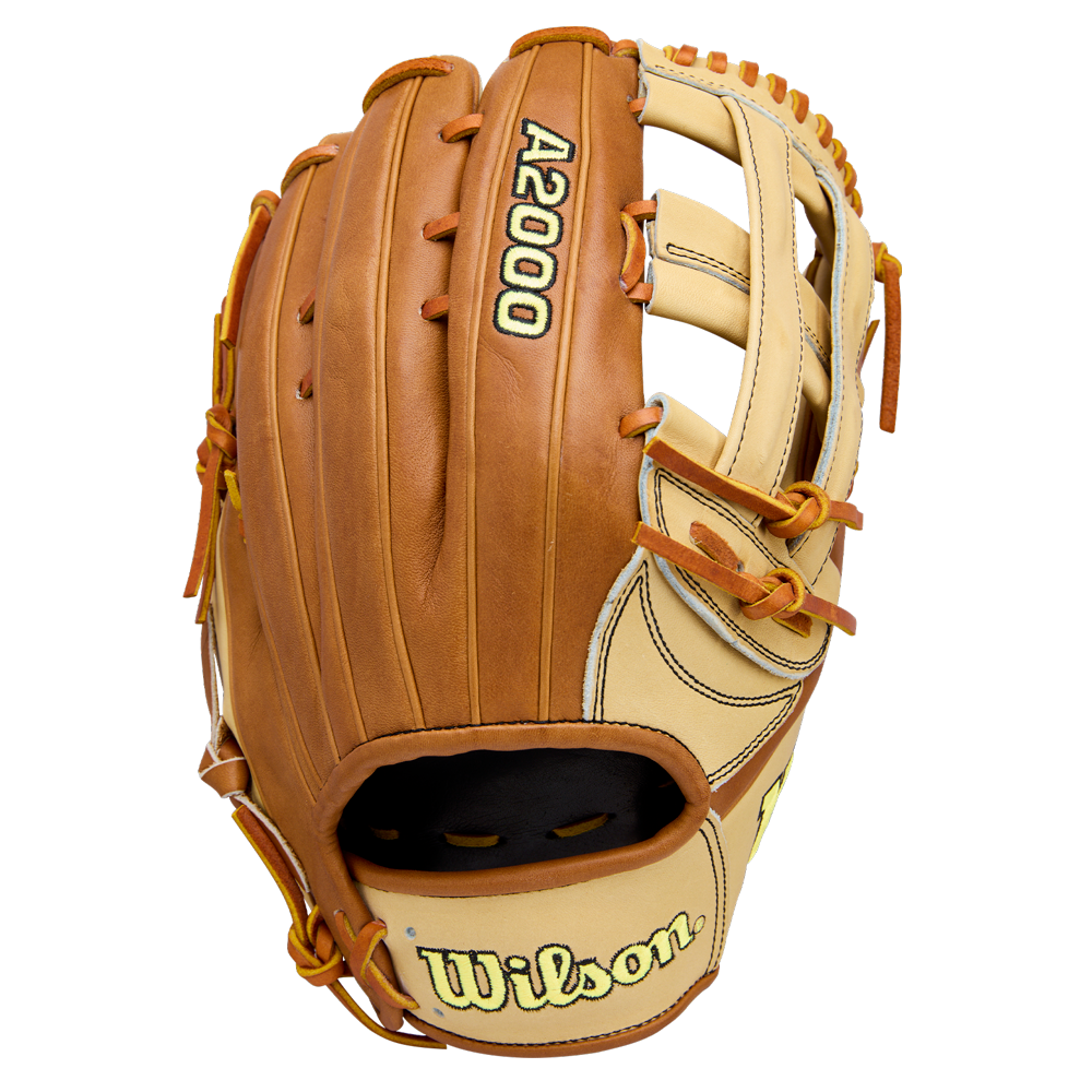 The Wilson A2000 1777 12.75" Baseball Glove (WBW1041251275) features tan and light brown Pro Stock Leather, yellow and black stitching and laces, plus the Wilson brand embroidered on the thumb.