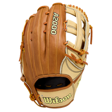 The Wilson A2000 1777 12.75" Baseball Glove (WBW1041251275) features tan and light brown Pro Stock Leather, yellow and black stitching and laces, plus the Wilson brand embroidered on the thumb.
