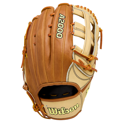 The Wilson A2000 1777 12.75" Baseball Glove (WBW1041251275) features tan and light brown Pro Stock Leather, yellow and black stitching and laces, plus the Wilson brand embroidered on the thumb.