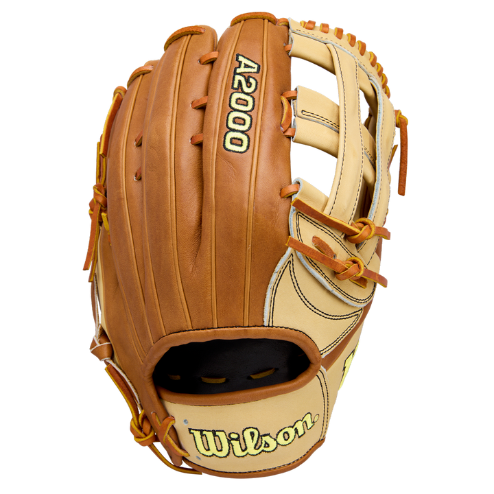 The Wilson A2000 1777 12.75" Baseball Glove (WBW1041251275) features tan and light brown Pro Stock Leather, yellow and black stitching and laces, plus the Wilson brand embroidered on the thumb.