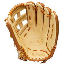 A Wilson A2000 1777 12.75" Baseball Glove (WBW1041251275) in tan and light brown Pro Stock Leather, featuring visible laces and stitching, is shown open with the palm and pocket facing forward.
