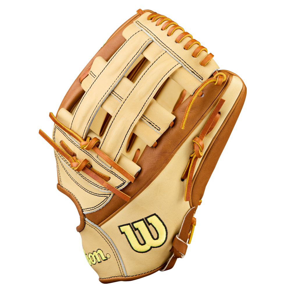 The Wilson A2000 1777 12.75" Baseball Glove (WBW1041251275) features a tan and brown design with yellow stitching, woven web pattern, Pro Stock Leather, and the Wilson W logo, delivering premium durability and performance for outfielders.