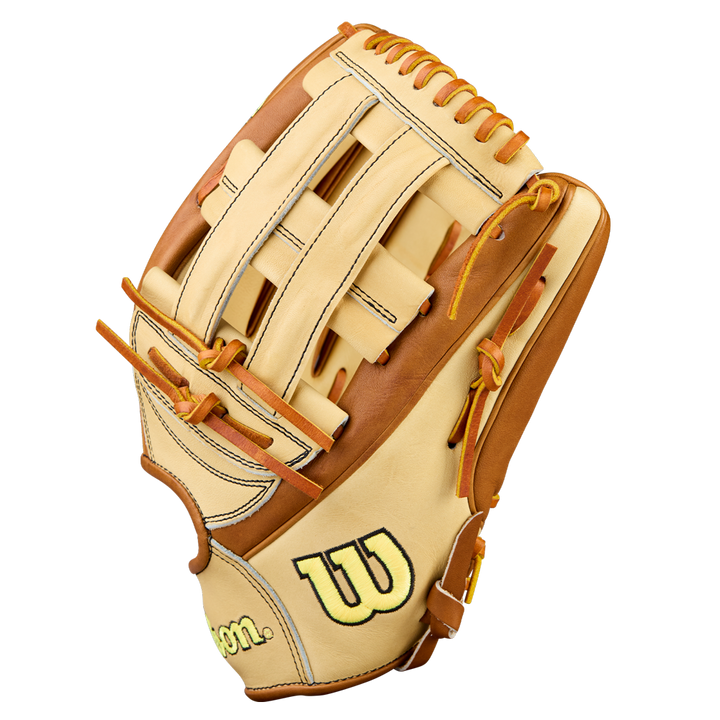 The Wilson A2000 1777 12.75" Baseball Glove (WBW1041251275) features a tan and brown design with yellow stitching, woven web pattern, Pro Stock Leather, and the Wilson W logo, delivering premium durability and performance for outfielders.