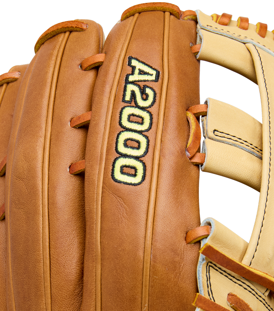 Close-up of a Wilson A2000 1777 12.75" Baseball Glove (WBW1041251275), featuring brown Pro Stock Leather, yellow and black A2000 stitching, plus tan and cream lacing and accents.