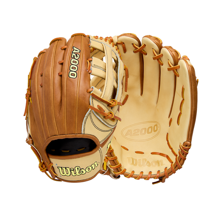 Two tan and brown Wilson A2000 1777 12.75" baseball gloves (WBW1041251275) are shown on a white background—one displays the Wilson and A2000 logos, while the other highlights the palm, lacing, and overall glove design.