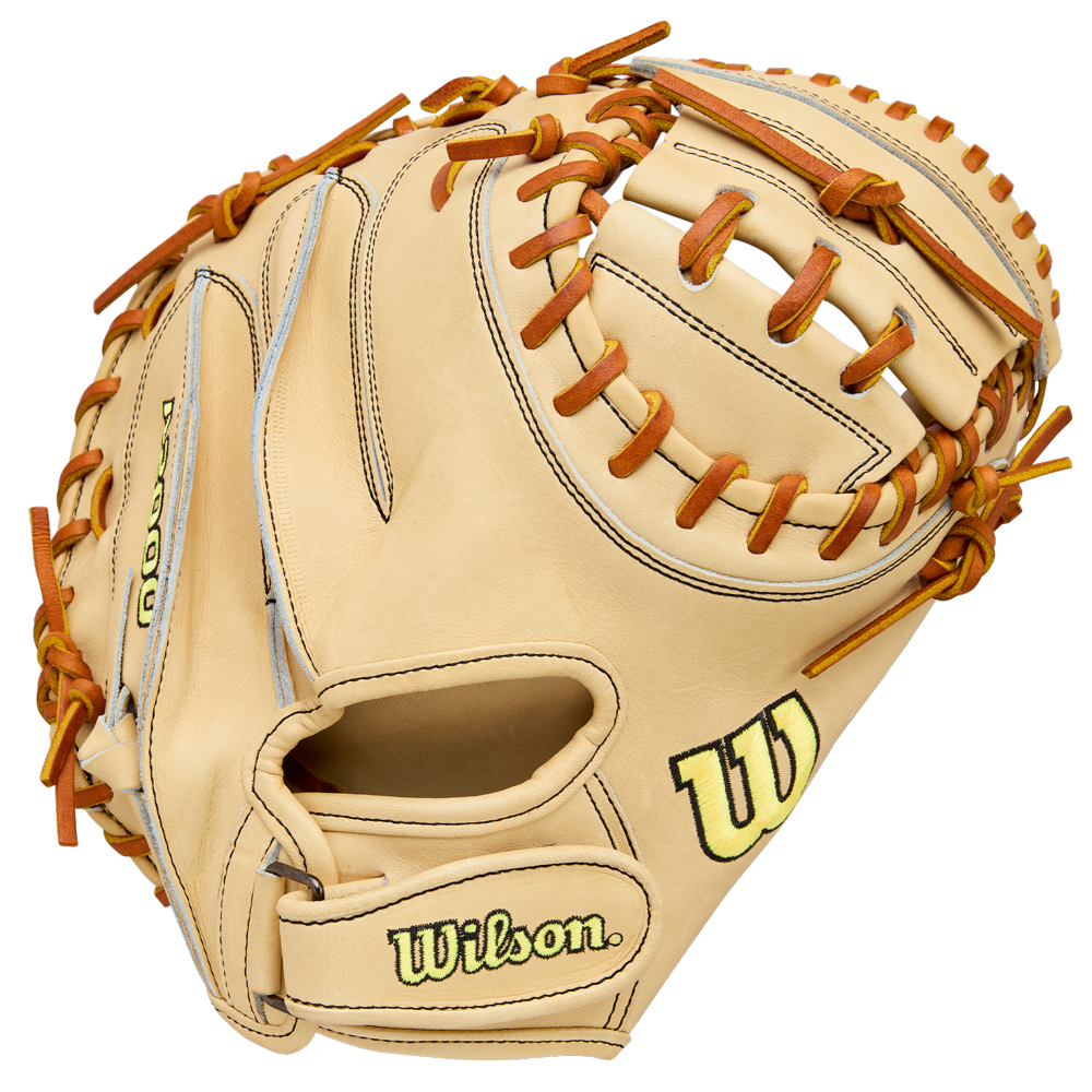 The Wilson A2000 PF33 33" catcher's mitt, crafted from Pro Stock Leather, features a tan design with brown laces, black stitching, and the Wilson logo in yellow and black on the thumb and wrist.