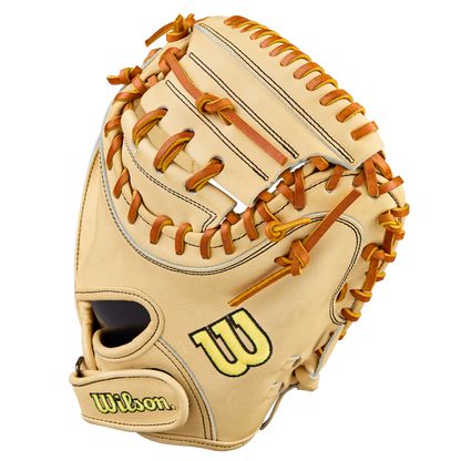 The Wilson A2000 PF33 33" Baseball Catcher's Mitt (WBW10412733) features a tan Pro Stock Leather build with brown laces and yellow-and-black Wilson logos on the thumb and wrist, shown against a plain white background.