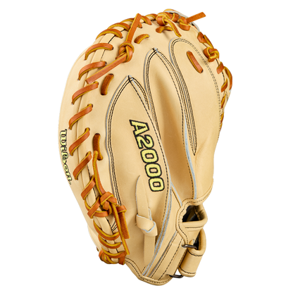 The Wilson A2000 PF33 33" Baseball Catcher's Mitt (WBW10412733) by Wilson features Pro Stock® Leather, brown laces, black and green embroidered logo, and visible stitching, shown against a plain white background.