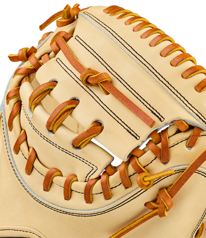 Close-up of the Wilson A2000 PF33 33" Baseball Catcher's Mitt (WBW10412733) in beige with brown laces, showcasing Pro Stock Leather webbing and detailed stitching.